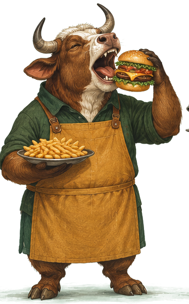 Boi com hambúrguer e batatas